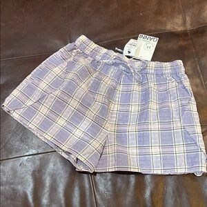 Ganni High Waist Plaid Shorts in Lavender and White Draw String.